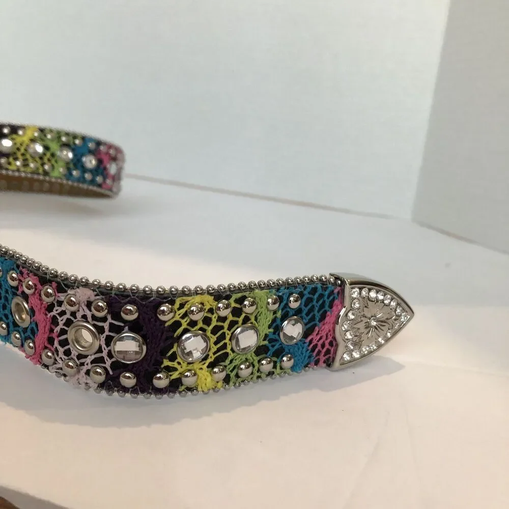 Nocona N4410897-28 Girls Brown Multicolor Silver Leather Rhinestone Studded Belt
